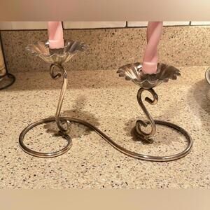 Vintage Mid-Century Silver Tone Double Candlestick Holder